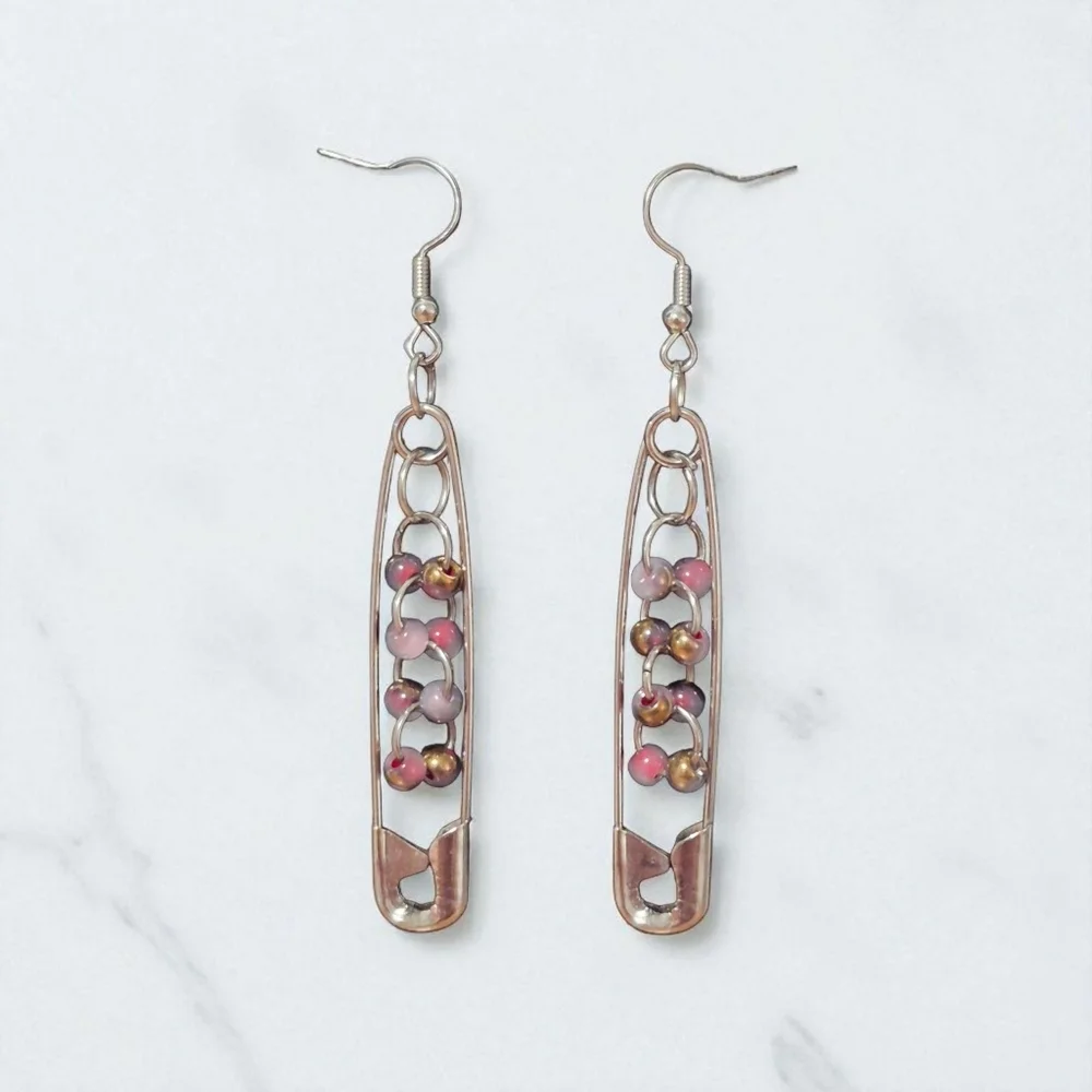 Handmade Dangle Earrings Pink/Gold Beads - Picture 2 of 2